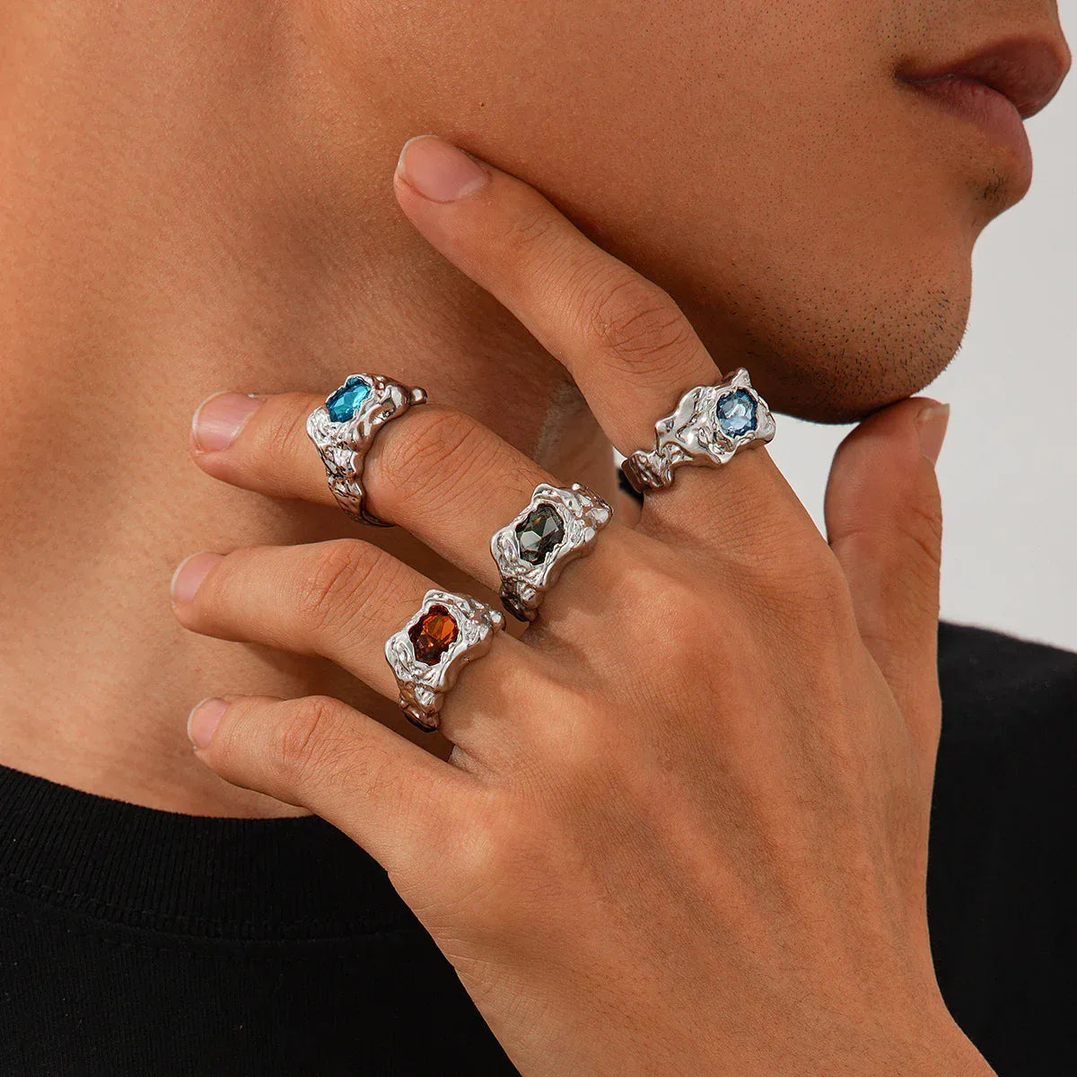 Pleated Lava Metal Gemstone Ring For Men - Viexta