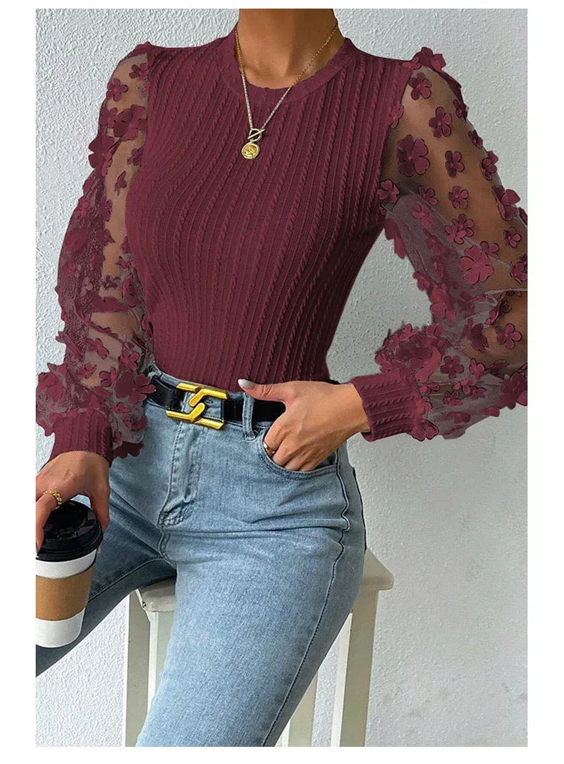 Women's Mesh Small Flower Chiffon Top - Viexta