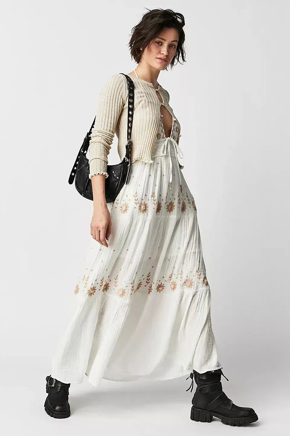Summer V-neck Sleeveless Waist Embroidered Dress - Viexta