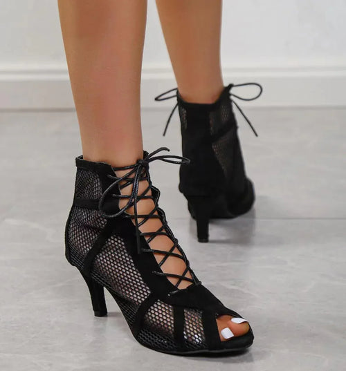 Black Mesh Suede Cross Tie High Heels - Viexta