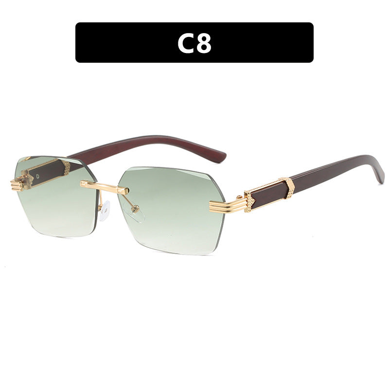 Frameless cut edge sunglasses, small frame wood grain leg sunglasses, irregular square trendy sunglasses, concave design