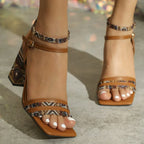 Ladies Vintage Weave Square Chunky Heel - Viexta