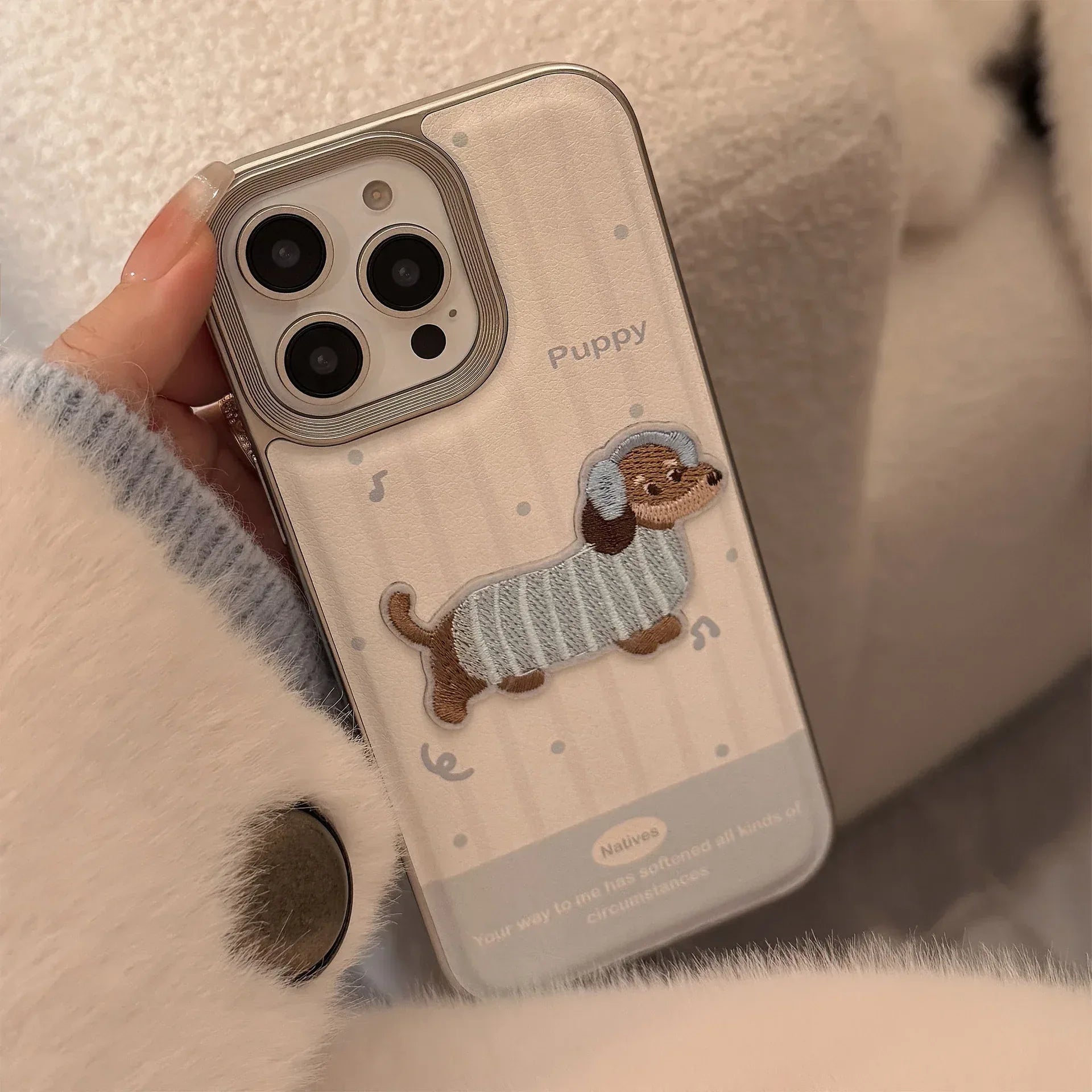 Cute Blue Milk-colored Embroidered Puppy iPhone Case - Viexta