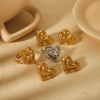 Love Heart-shaped Stainless Steel 18K Ear Stud And Ring