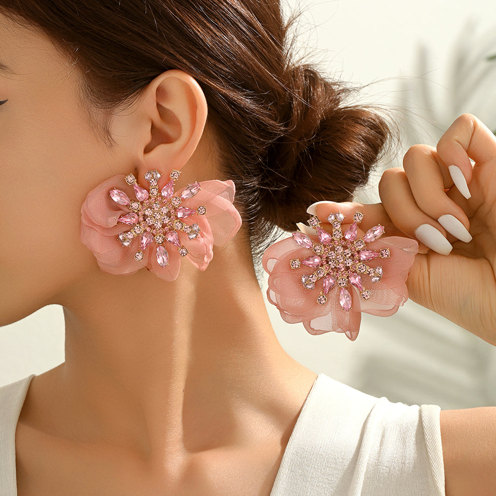 Rhinestone Chiffon Flower Stud Earrings For Women
