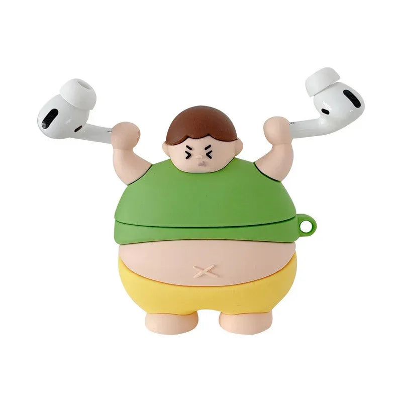 3D Cute Little Fat Man Lifting Weights Silicon AirPods Pro Cases - Viexta