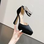 Chunky Heel Waterproof Pointed Toe Buckle Rhinestone Heels - Viexta