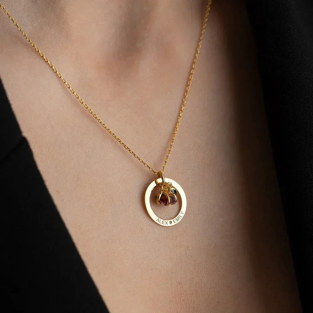Personalized Engraved Birthstone Circle Necklace - Viexta