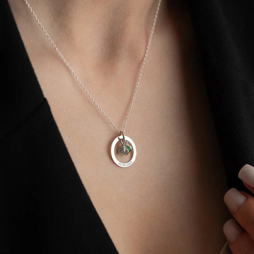 Personalized Engraved Birthstone Circle Necklace - Viexta