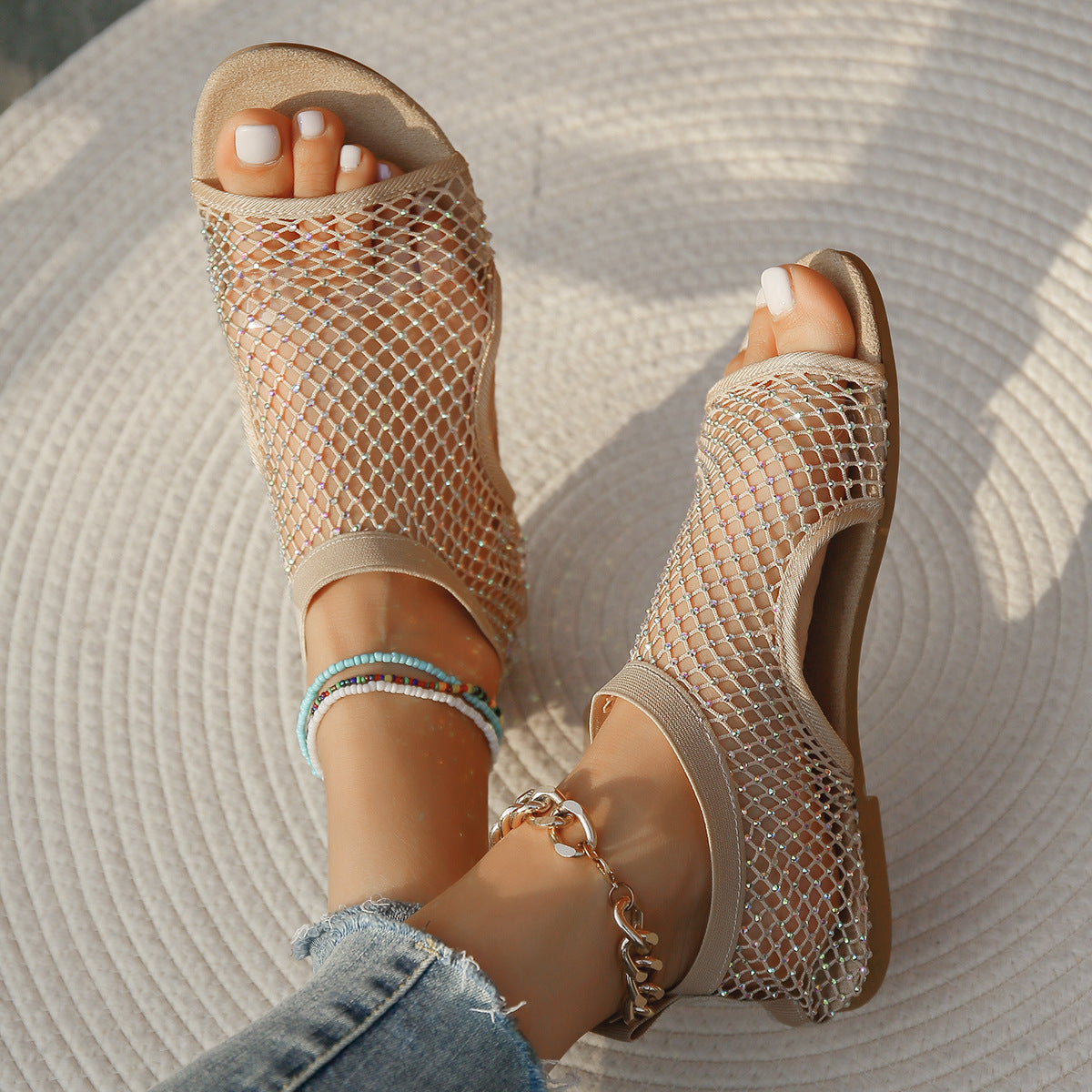 Summer Round Toe Hollow Rhinestone Sandals