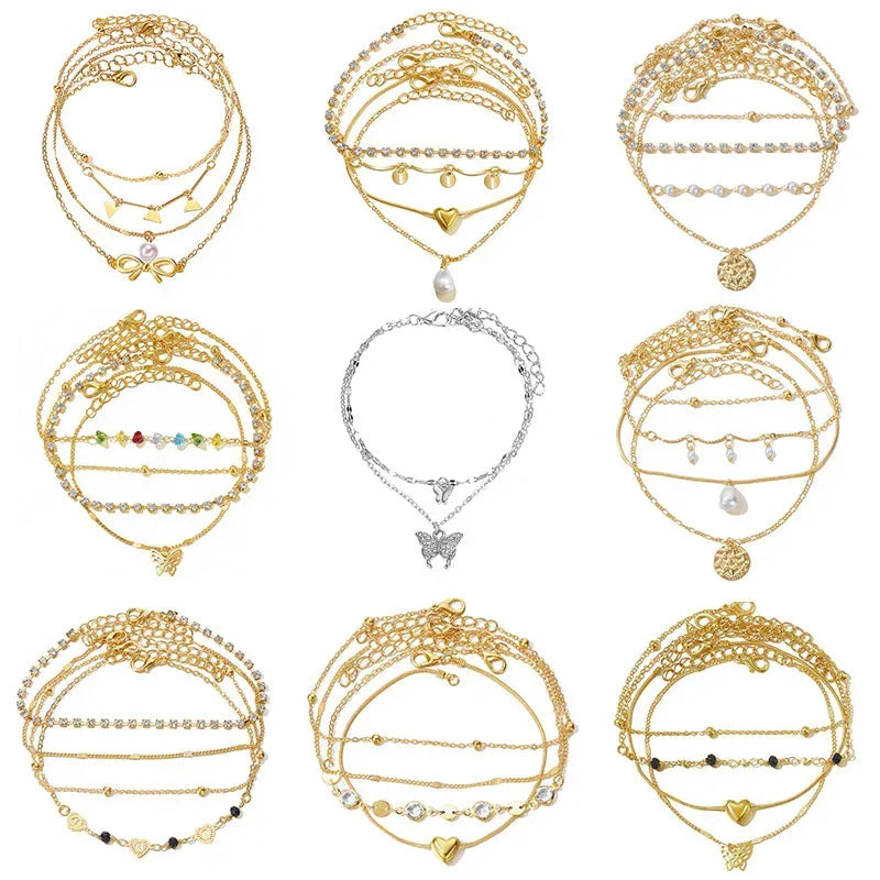 retro-love-butterfly-pearl-multi-layer-anklet-set - Viexta