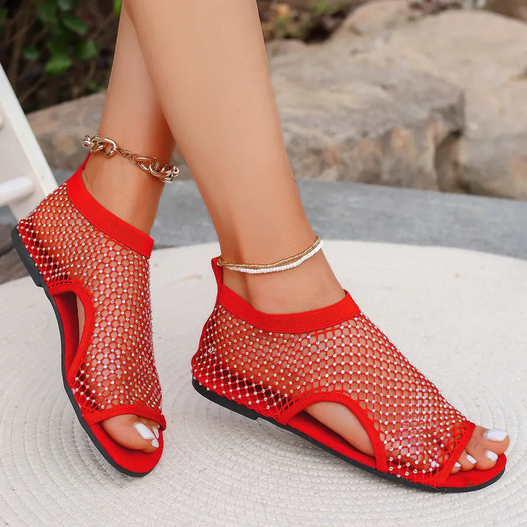 Summer Round Toe Hollow Rhinestone Sandals - Viexta