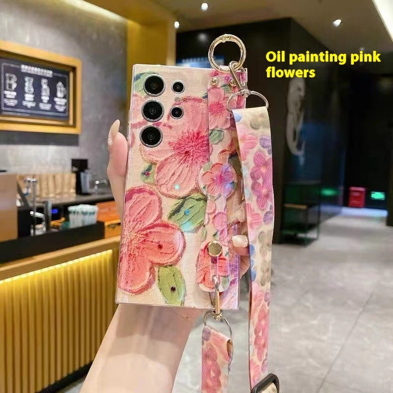 Blue Light Rhinestone Oil Painting Flower Wristband iPhone Case