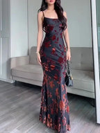 Flocked Strappy Maxi Dress - Viexta