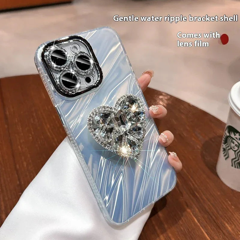 Lens Protector Rhinestone Love Bracket iPhone Case - Viexta