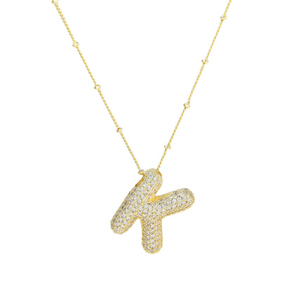 Brass Zircon Bubble Letter Pendant Necklace