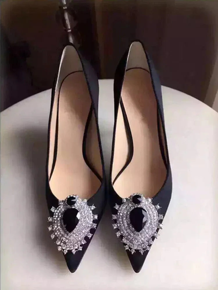 Rhinestone Pointed Satin Heels - Viexta