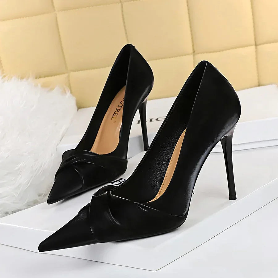 womens-slim-shallow-pointed-bow-high-heels - Viexta