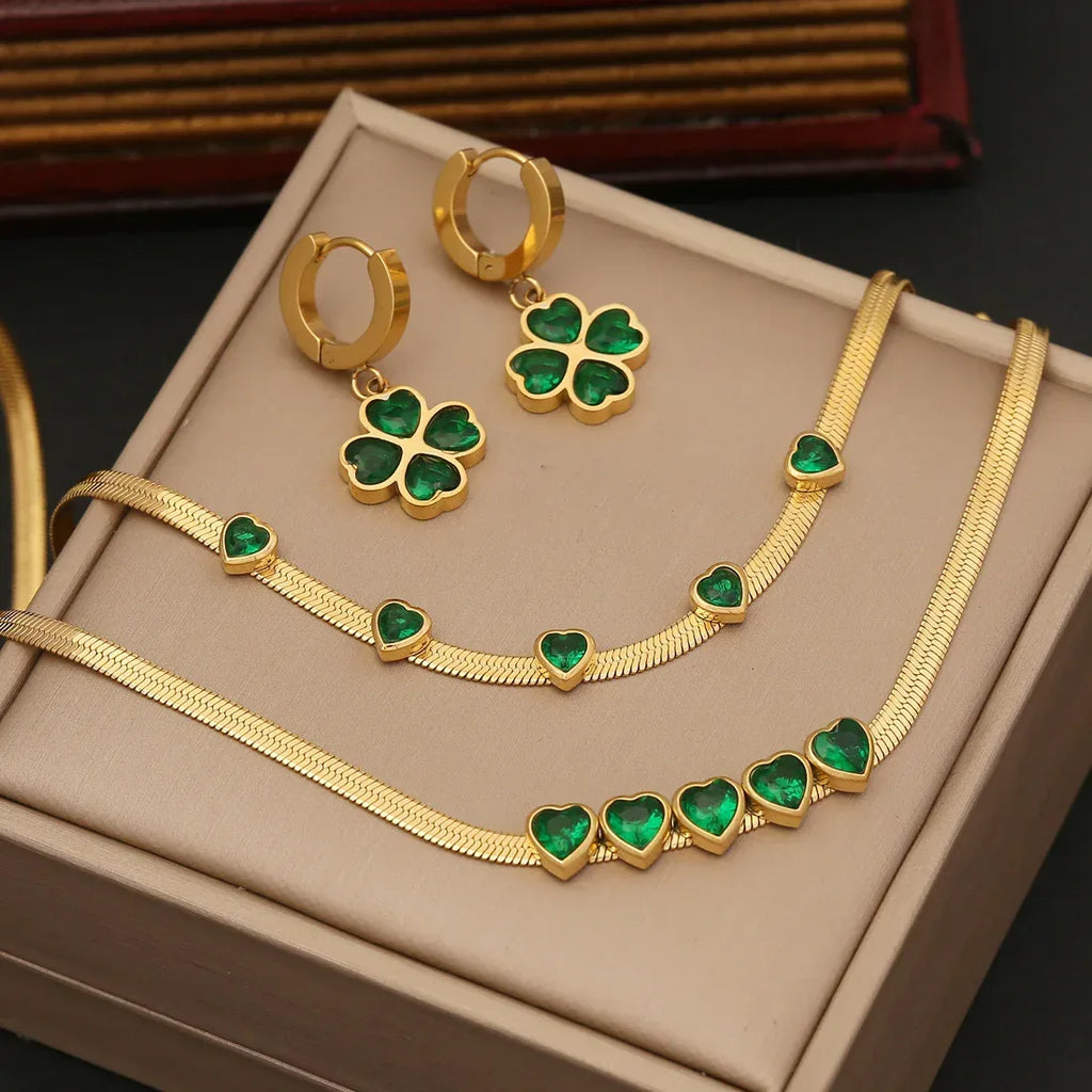 Emerald Love Earrings Necklace - Viexta