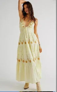 Summer V-neck Sleeveless Waist Embroidered Dress - Viexta