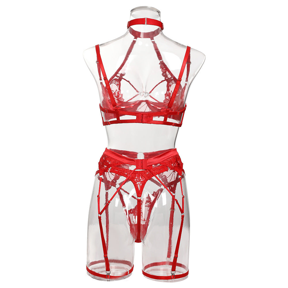 Love Drill Buckle Cutout Embroidered Lingerie Suit