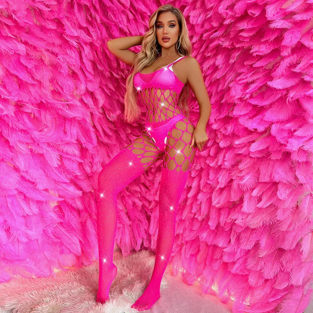 hollow-hook-mesh-hot-rhinestone-one-piece-sexy-lingerie - Viexta