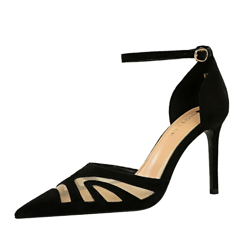 Low-cut Pointed Toe Nightclub Mesh Hollow-out Strap Heels - Viexta