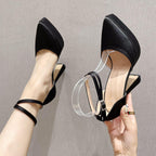 Chunky Heel Waterproof Pointed Toe Buckle Rhinestone Heels - Viexta