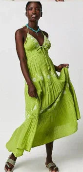 Summer V-neck Sleeveless Waist Embroidered Dress - Viexta