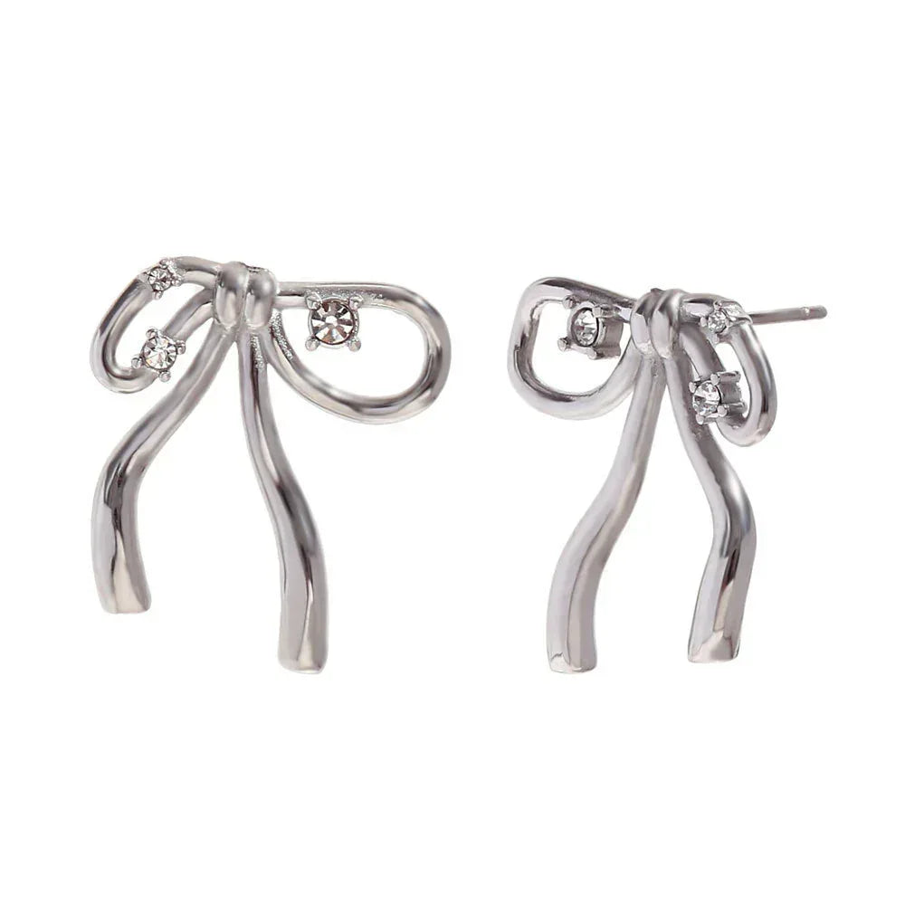 Stainless Steel 18K Gold Plating Rhinestone Bow Pendant Earring Ring - Viexta