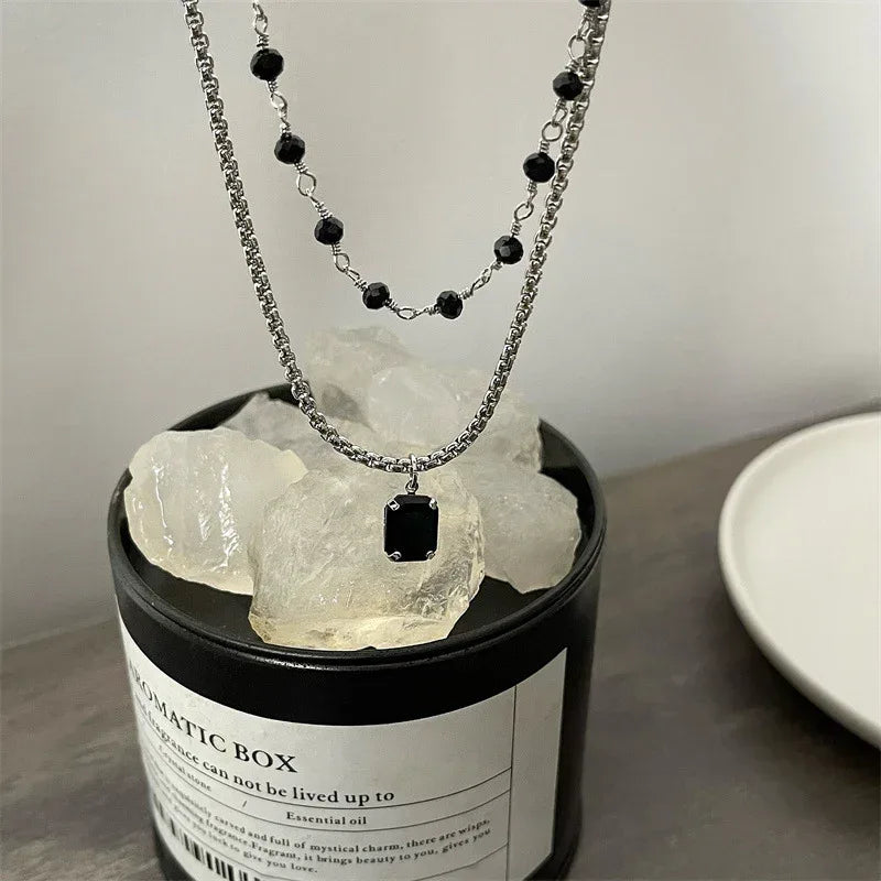 Black Zircon Beaded Double-layer Clavicle Chain - Viexta