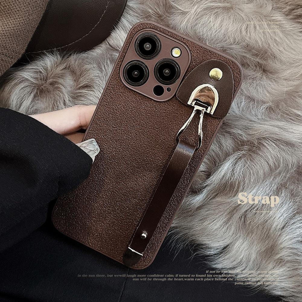 Vintage Leather Wrist Strap Premium Moon Crater iPhone Case
