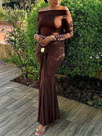 Off-the-shoulder Long-sleeved Maxi Dress - Viexta