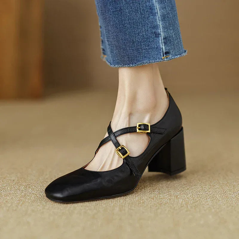 Super Textured Cross-strap Mary Jane Heels - Viexta