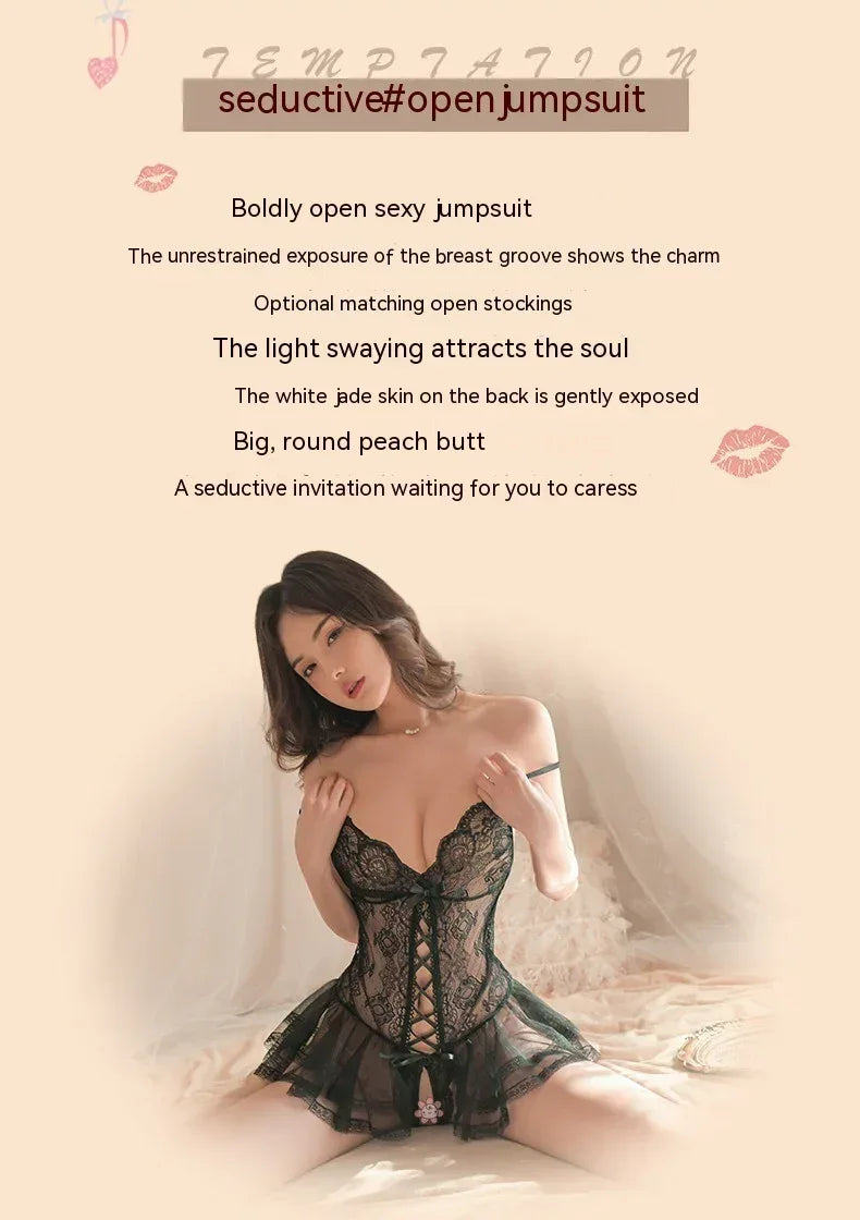 lingerie-sling-lace-jumpsuit-hollow-out-uniform-pajamas - Viexta