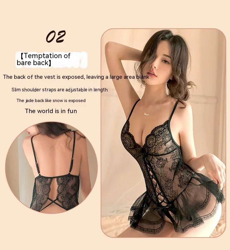 lingerie-sling-lace-jumpsuit-hollow-out-uniform-pajamas - Viexta