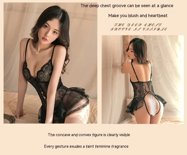 lingerie-sling-lace-jumpsuit-hollow-out-uniform-pajamas - Viexta