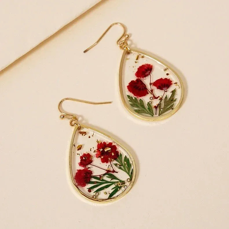Drop-shaped Epoxy Leaf-shaped Flowers Earrings - Viexta