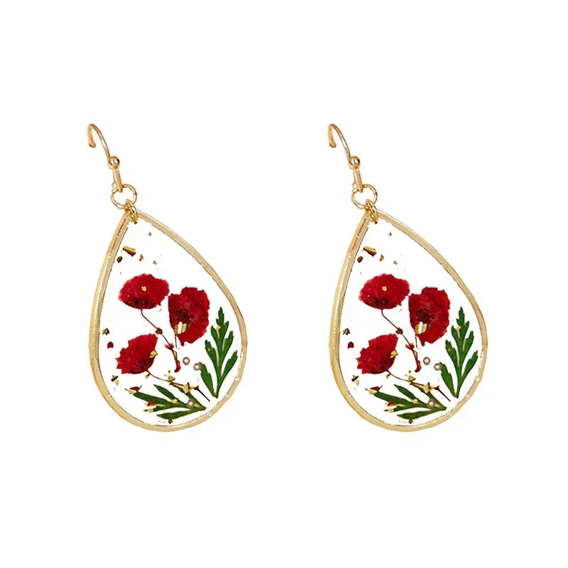 Drop-shaped Epoxy Leaf-shaped Flowers Earrings - Viexta