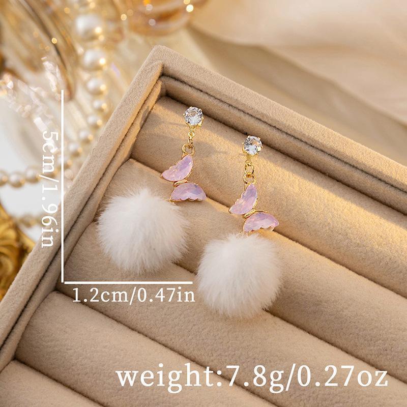 Long Butterfly Fur Ball Tassel Earrings - Viexta