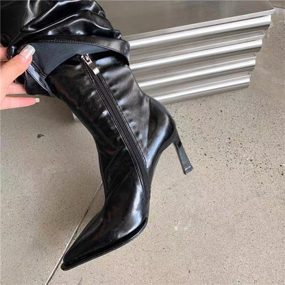 Patent Leather Pointed Toe Pantyhose Boots