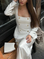 Square Neck Waist Long Sleeve Blazers - Viexta