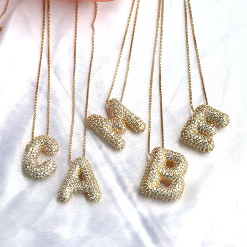 Brass Zircon Bubble Letter Pendant Necklace