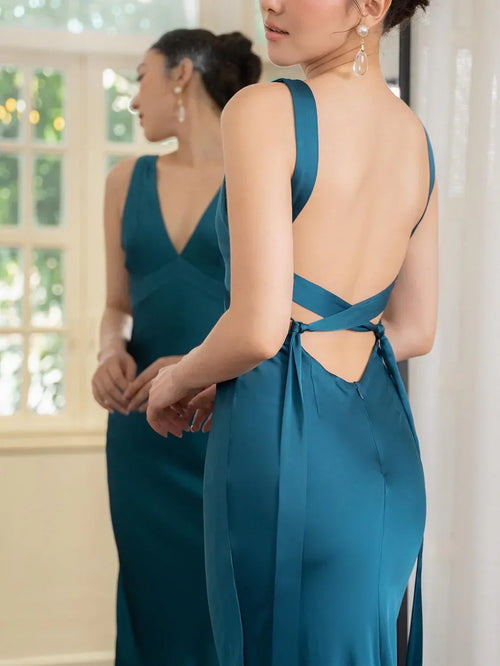 Backless Strappy Lake Blue Wedding Dress - Viexta