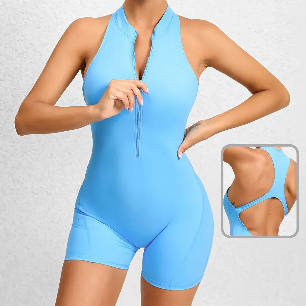 Zippered Yoga Fitness Shorts Jumpsuit Shapewear - Viexta
