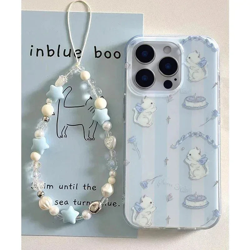 Blue And White Striped Cat Lanyard iPhone Cover - Viexta