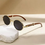 Metal Oval-frame Sunglasses With A Wood-grain Finish - Viexta