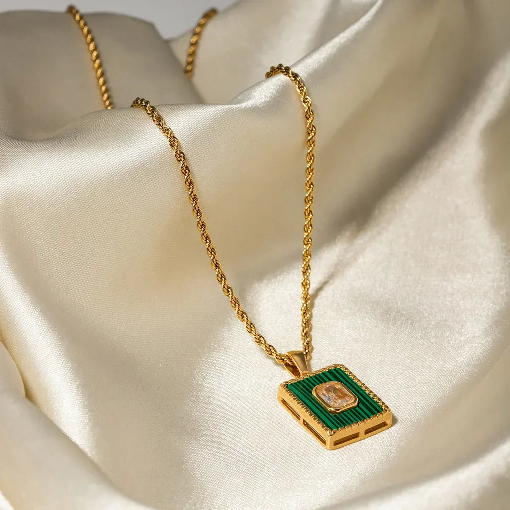18k-rectangular-green-tag-stainless-steel-necklace - Viexta