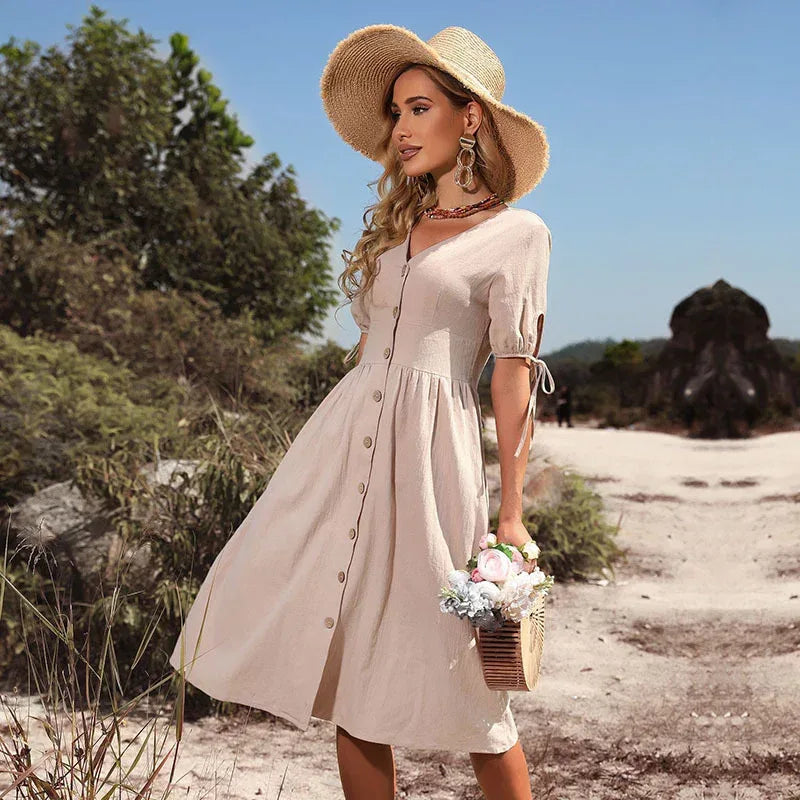 Summer Women's Short Sleeve Solid Color And V-neck A- Line Commuter Dress - Viexta