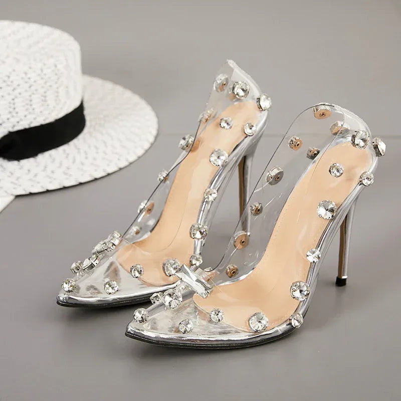Rhinestone transparent high heels - Viexta